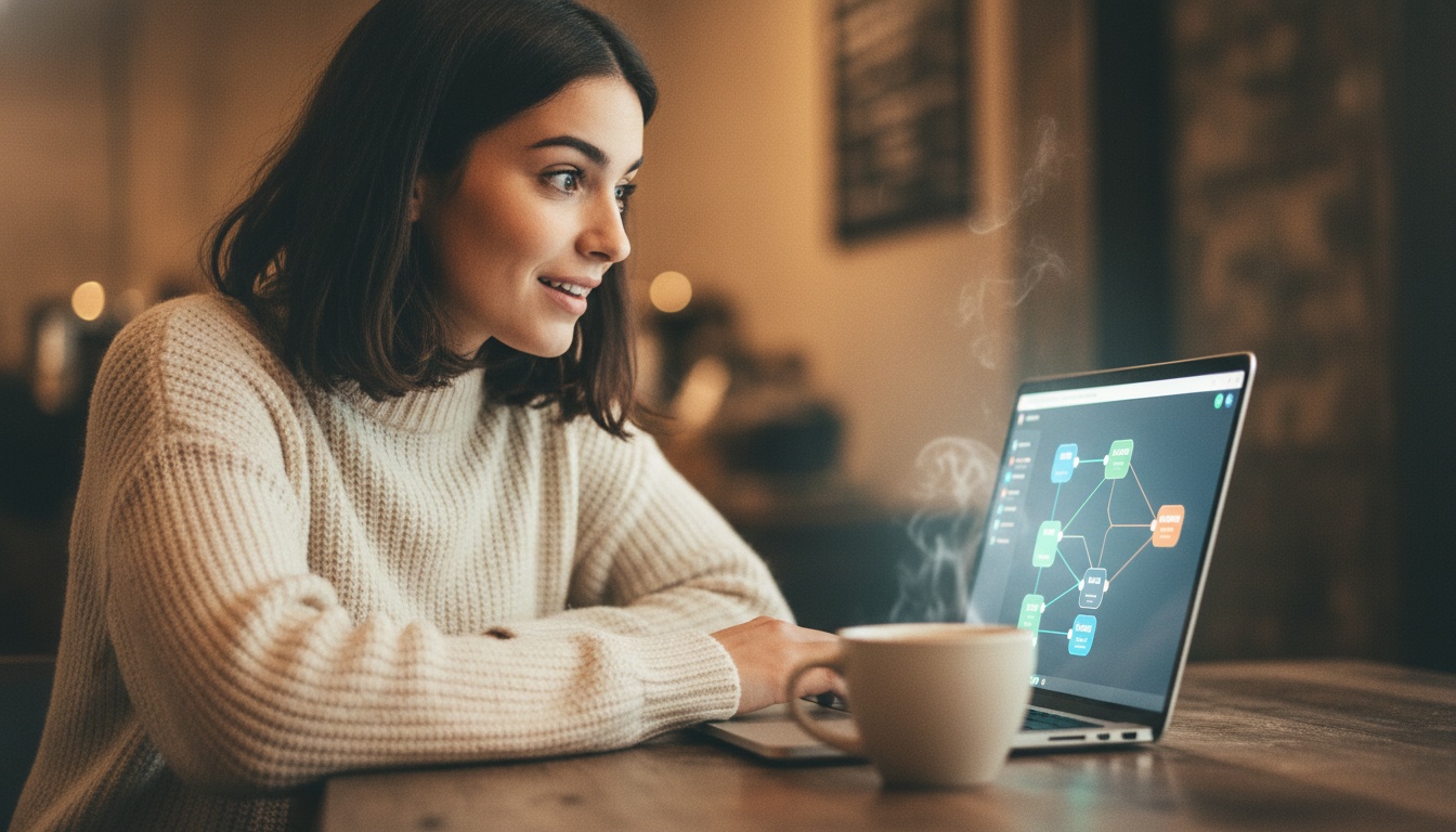 Person at laptop with AI workflow automation interface, warm editorial setting