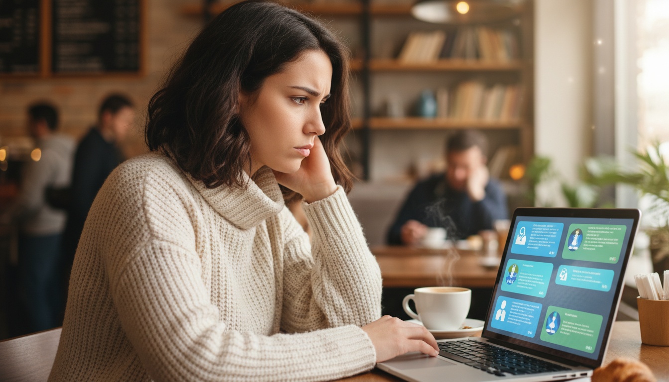 Zoe at laptop comparing AI tools on screen with multiple chat windows open