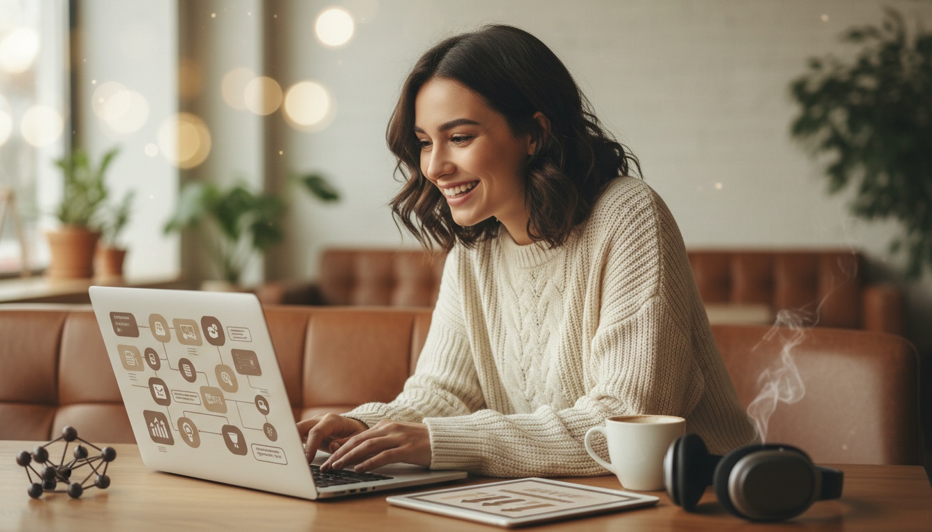 Young woman reviewing customer support tickets on a laptop beside an AI agent panel, organized desk, calm confident expression