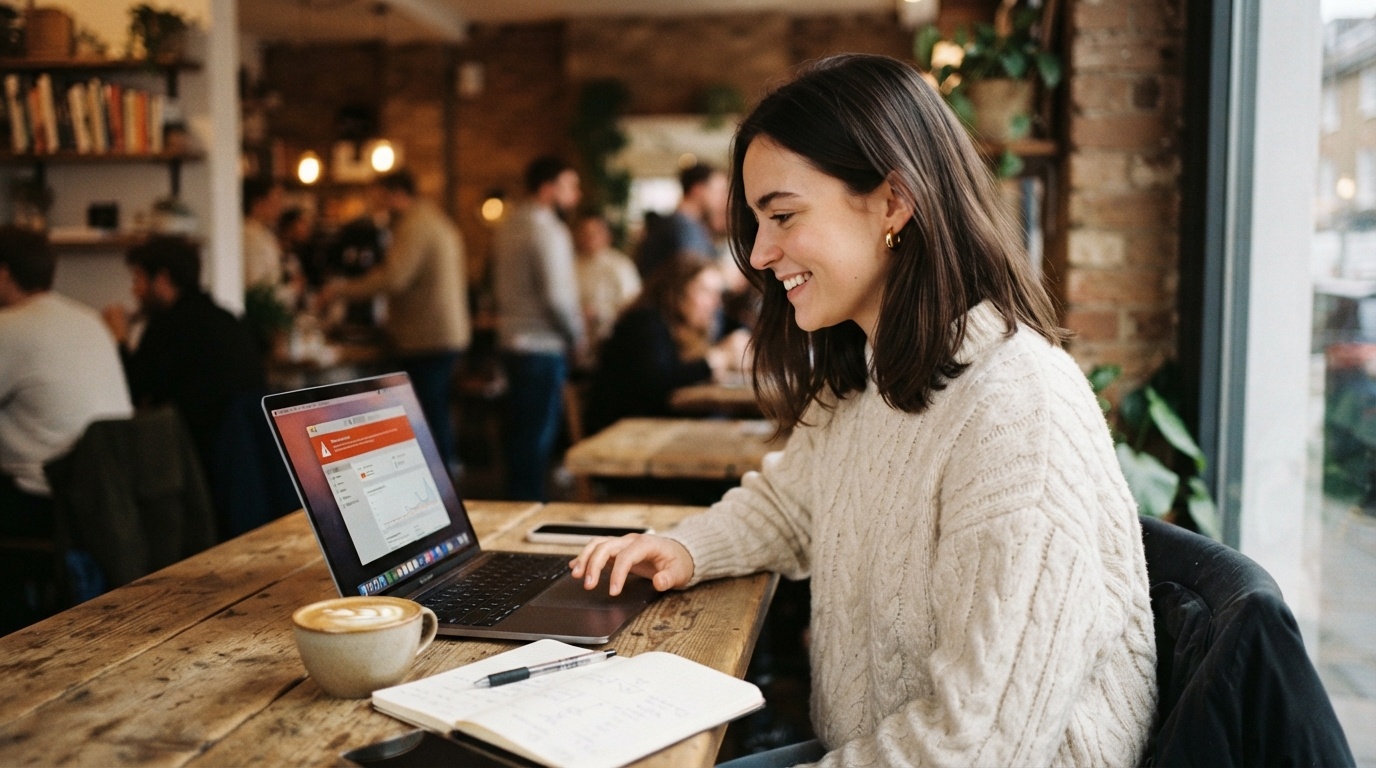 Young woman at a laptop testing an AI chatbot workflow, skeptical expression, chat interface and automation diagram on screen