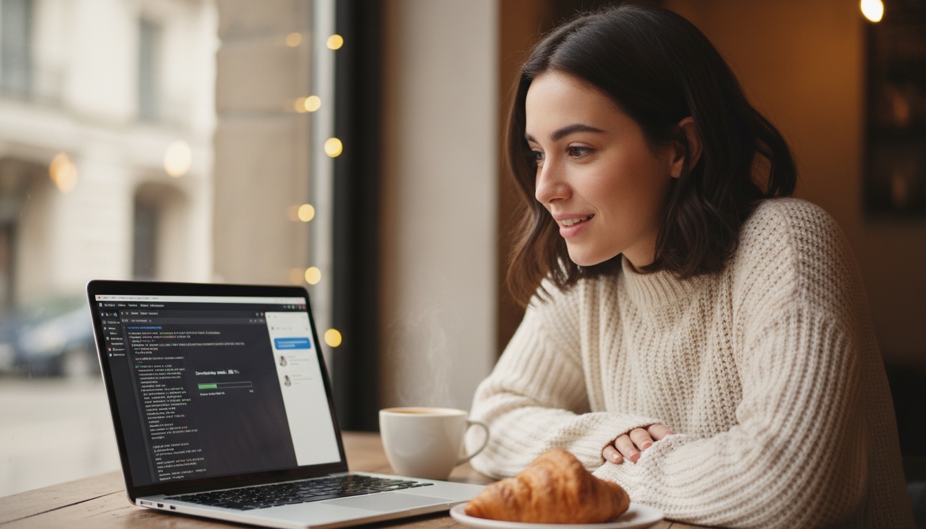 Zoe at her laptop running a local AI model with terminal output on screen