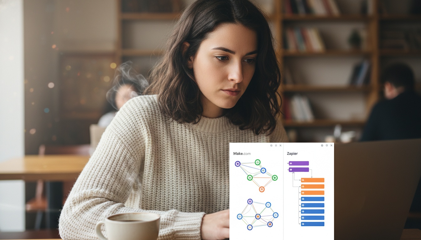 Woman at laptop comparing automation workflows on screen with Make and Zapier interfaces