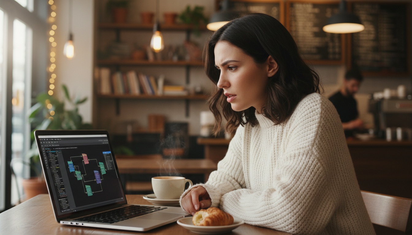 Zoe at a coffee-shop laptop with a terminal window and an automation workflow on screen