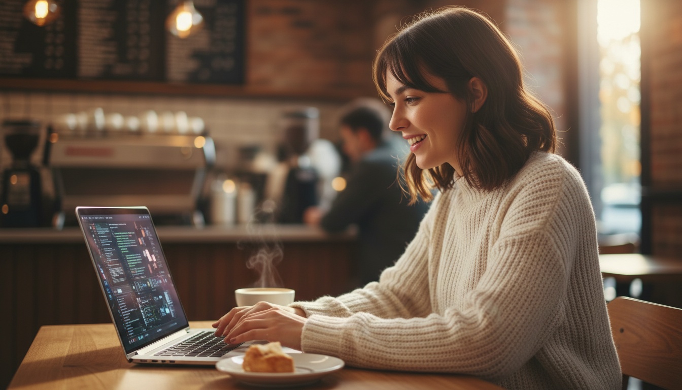 Zoe excited about discovering a new AI coding tool on her laptop