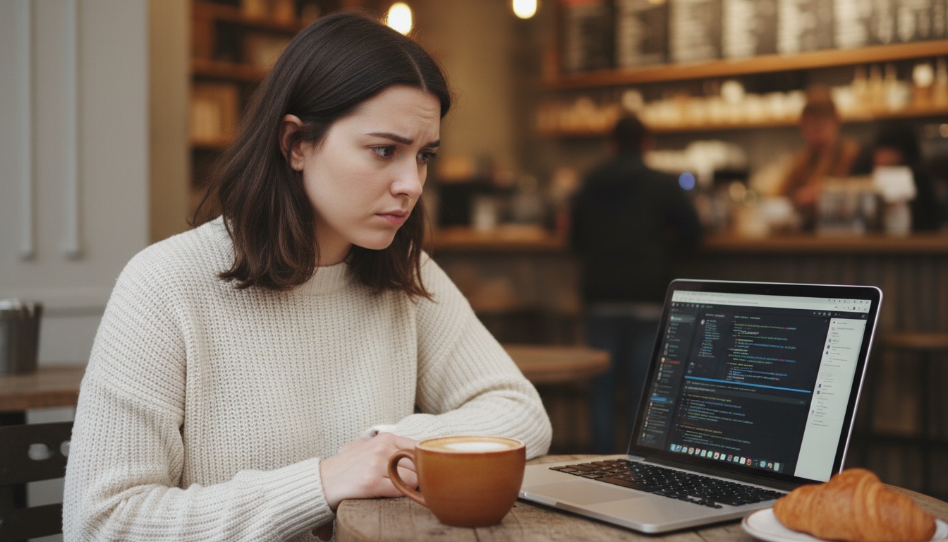 Zoe at her laptop reading about Meta's new AI coding model