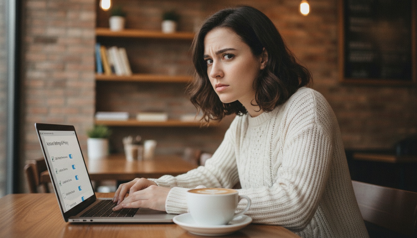 Zoe at a cafe table reviewing a permissions checklist on her laptop, coffee beside her