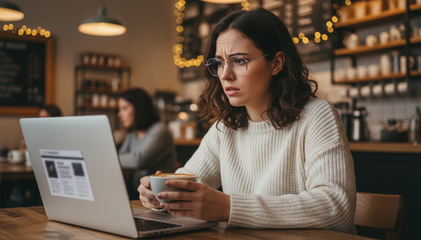 Zoe looking concerned at smart glasses news on her laptop