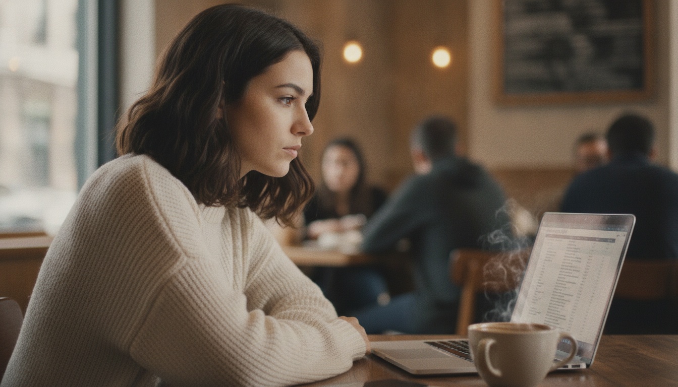 Zoe at a cafe table reviewing an access-control list on her laptop, coffee beside her
