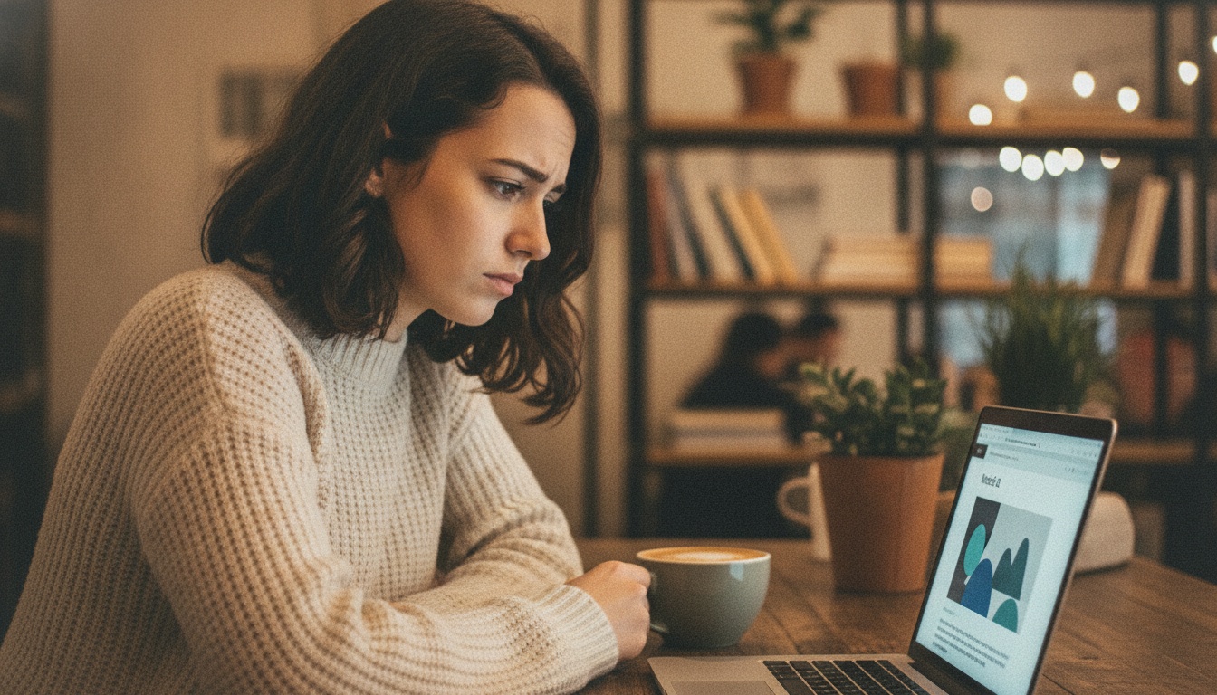 Zoe at laptop reading news about Microsoft AI independence on screen