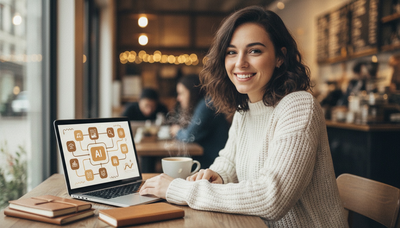 Zoe at a laptop with three agent workflow lanes on screen, one flagged in red, coffee going cold
