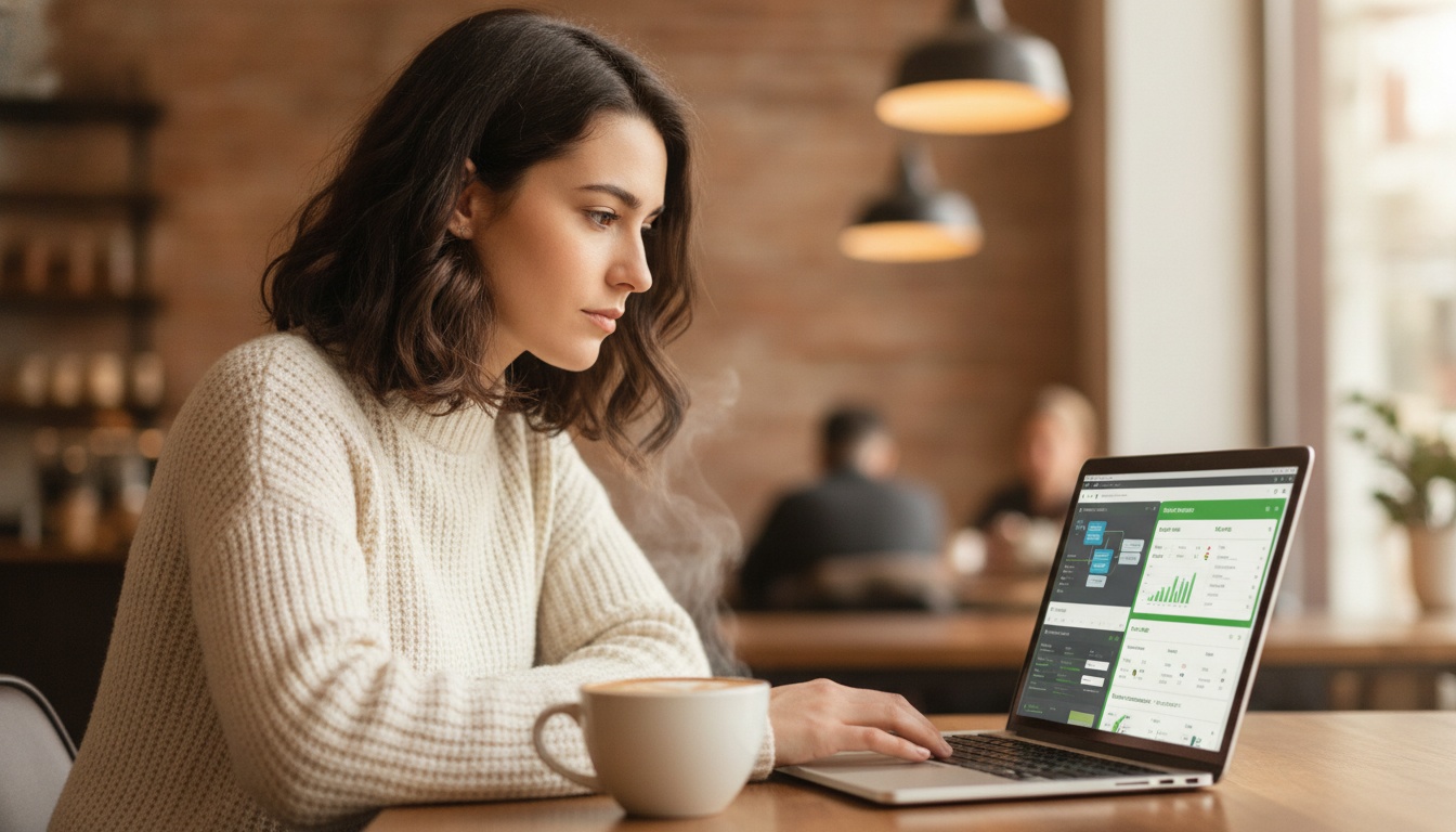 Zoe comparing n8n and Zapier interfaces on a laptop screen at a coffee shop