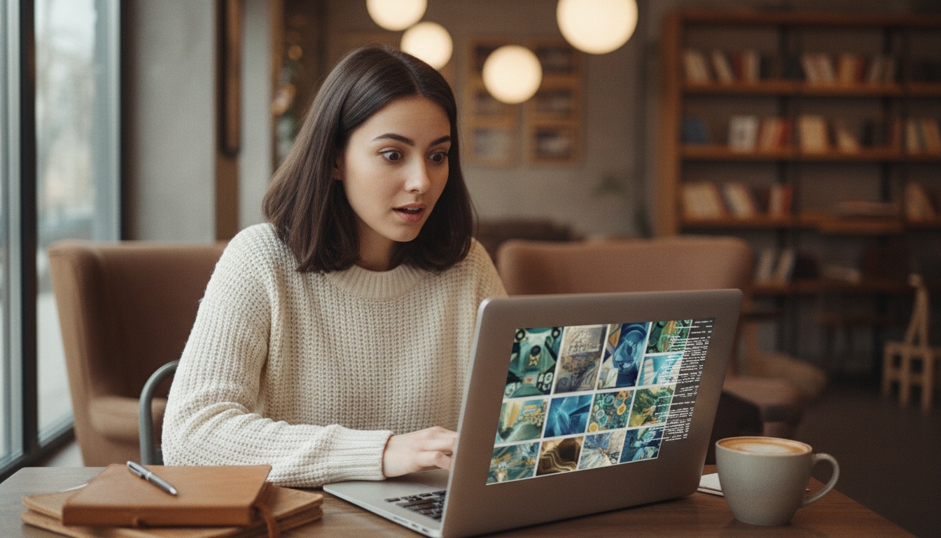 Zoe at her laptop excited about AI-generated images with text rendering on screen