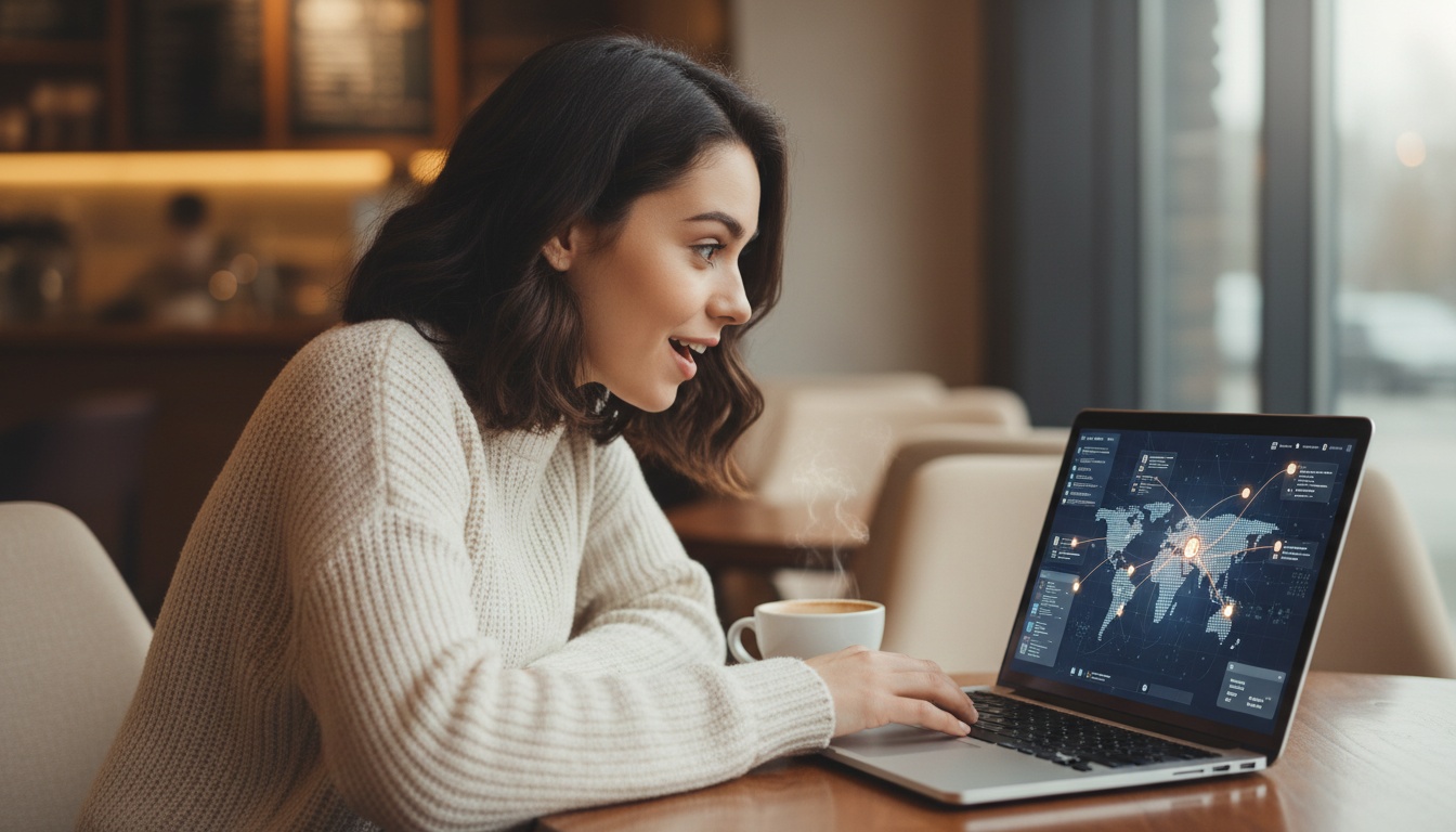 Zoe looking excited at a laptop showing open-source AI tools and global connectivity