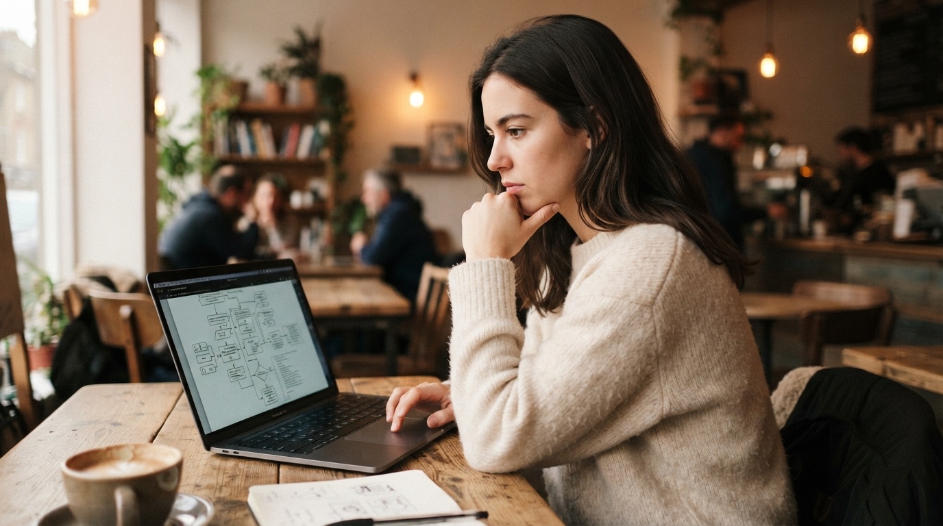 Zoe reviewing an open-source AI training pipeline on her laptop