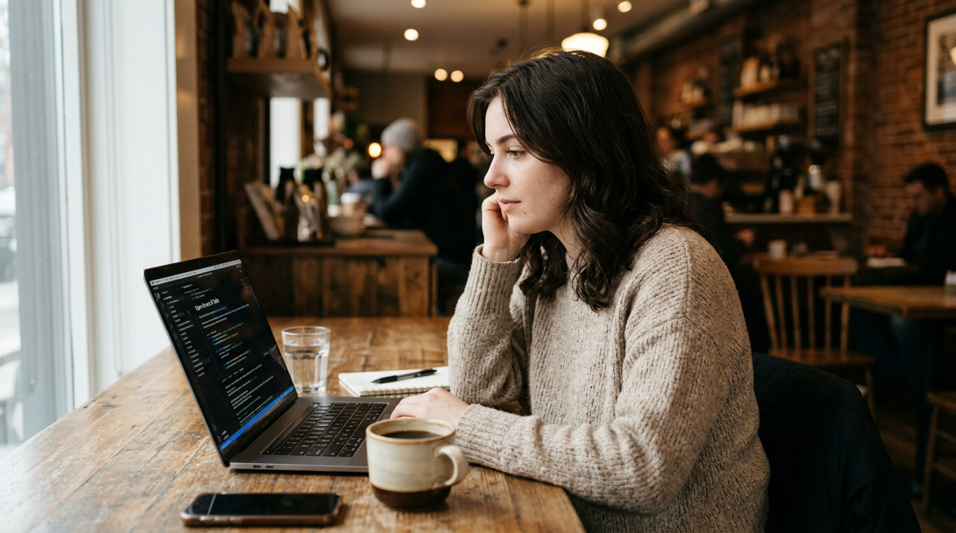 Zoe exploring open-source AI coding tools on her laptop