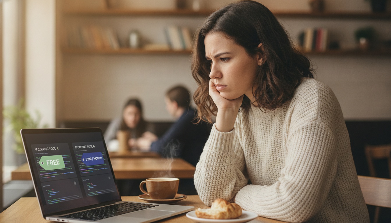 Zoe comparing free and paid AI coding tools on her laptop