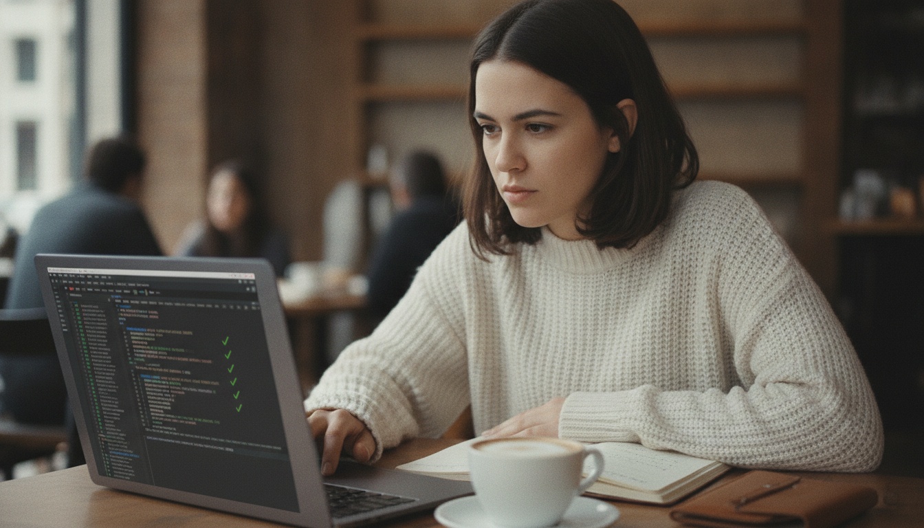 Zoe at a cafe table running a terminal scan on her laptop, agent logs visible on screen