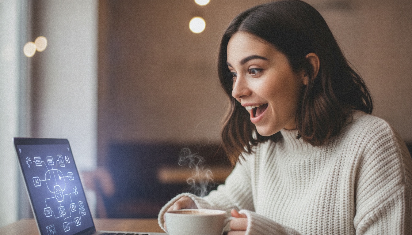 Young woman comparing two AI chat windows on a laptop, free versus paid, thoughtful expression, cozy desk setup