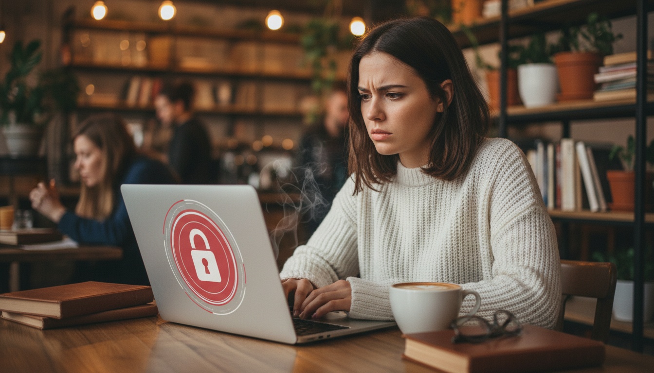 Zoe looking concerned at a laptop screen showing a security alert