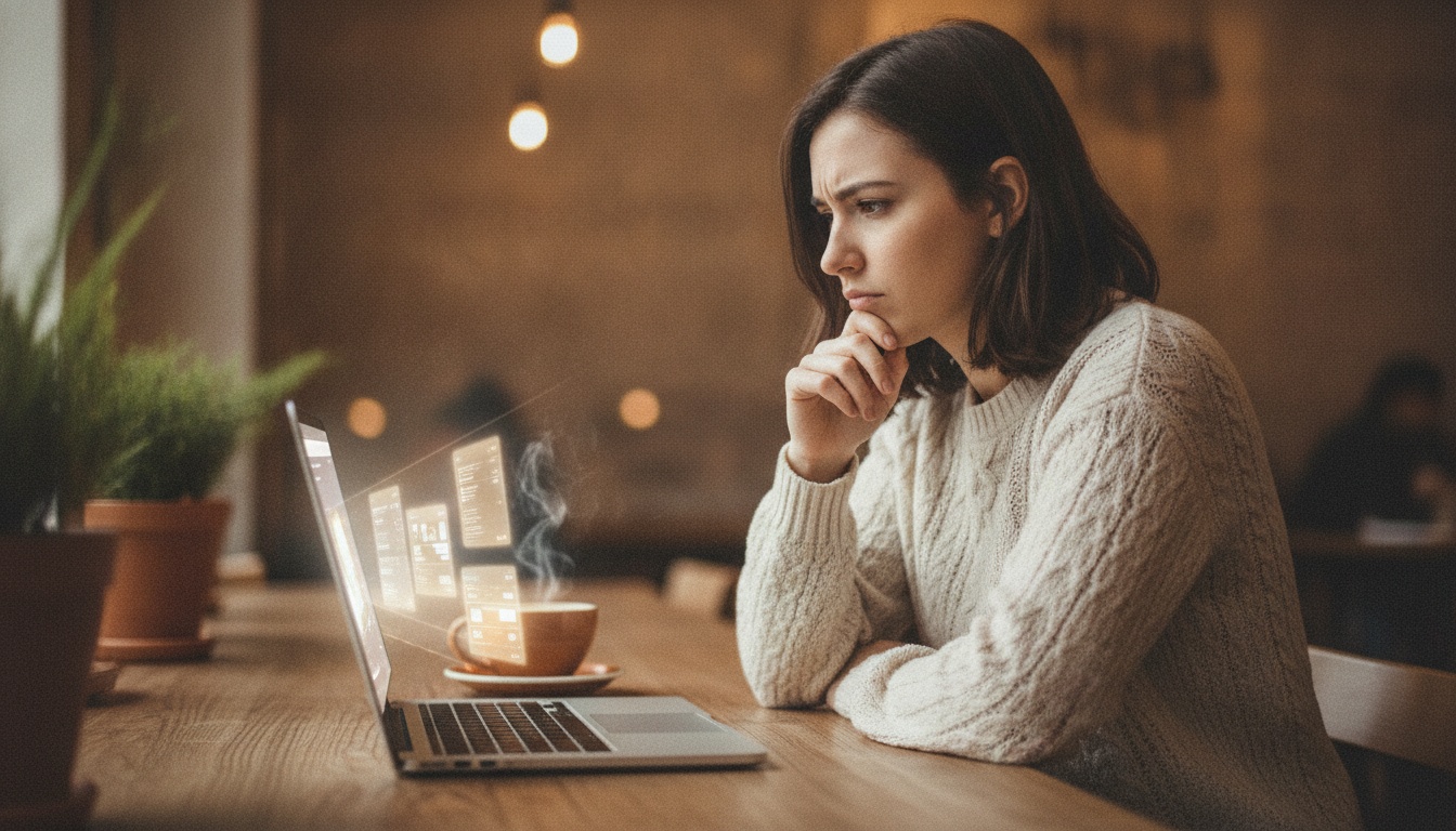 Person at desk with multiple screens showing workflow automation, warm editorial lighting