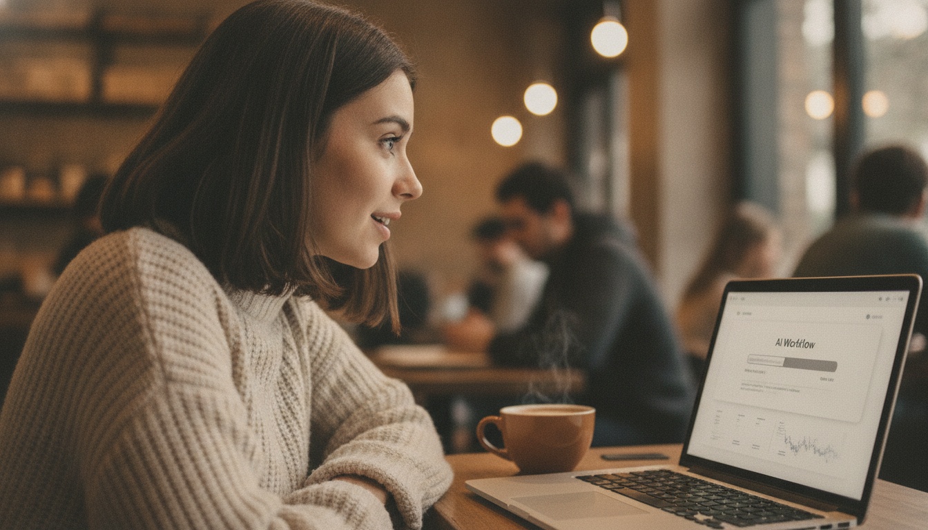 Zoe at her laptop watching a progress bar run on its own, coffee in hand, warm editorial lighting
