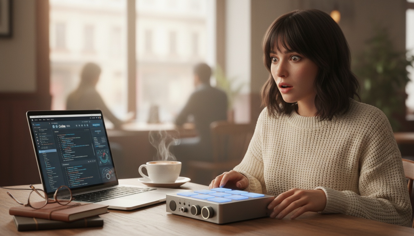 Zoe looking at an OpenAI Codex hardware teaser on her laptop with curiosity