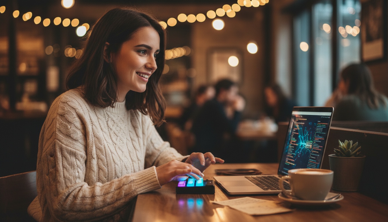 Zoe at desk with macro pad and AI coding interface, warm editorial style