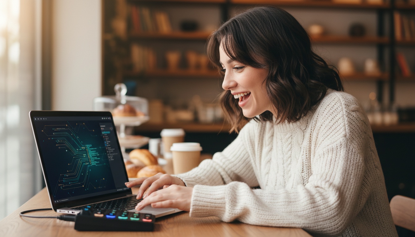 Zoe at laptop with macro pad and AI coding interface on screen