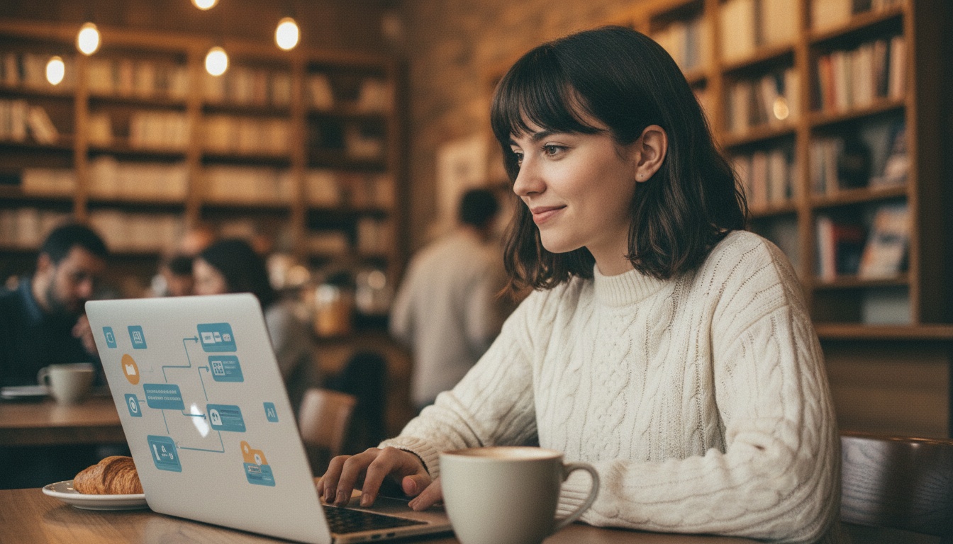 Zoe reviewing an AI security checklist on her laptop with a coffee-shop workflow diagram on screen