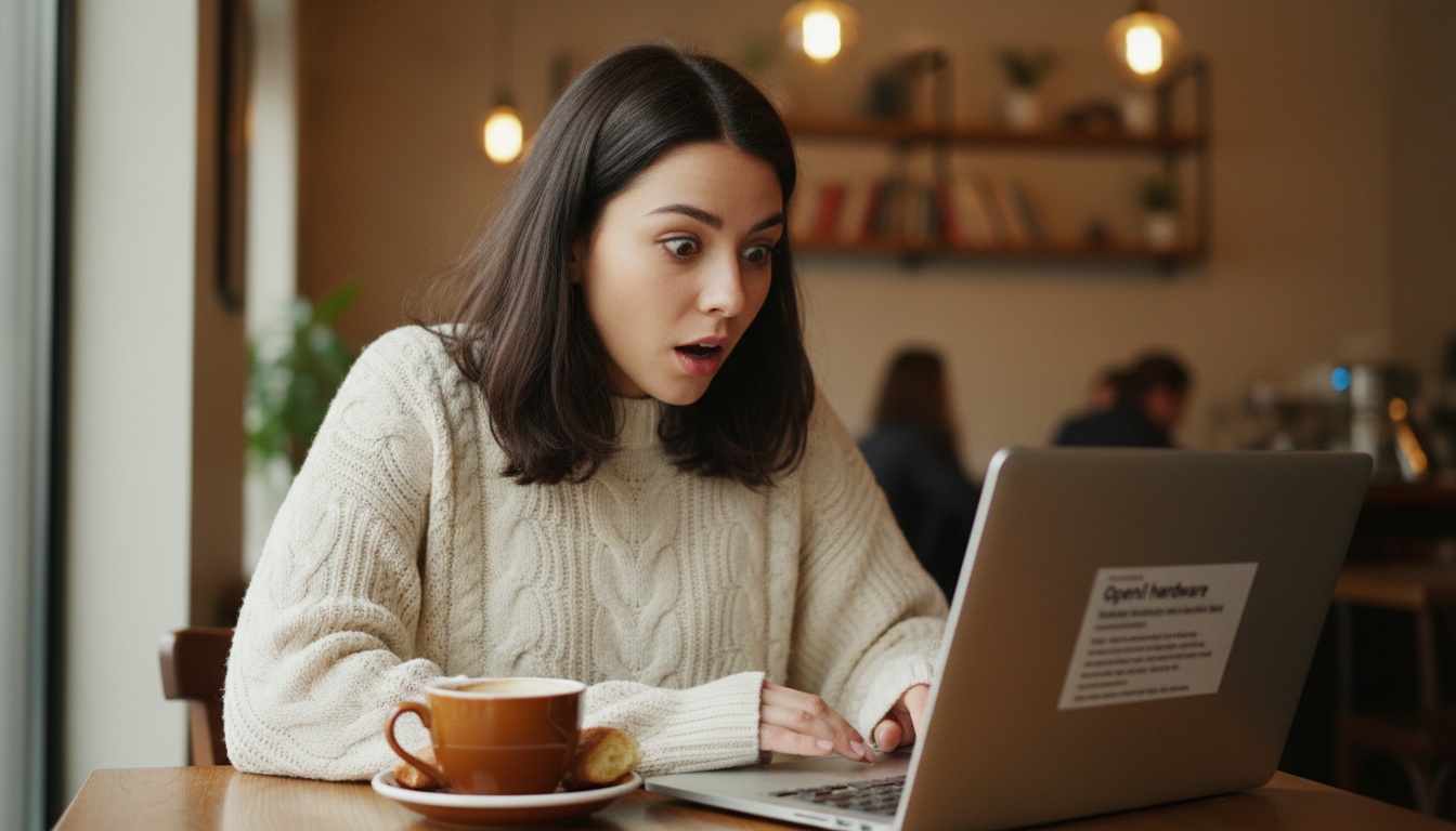 Zoe reading news about OpenAI hardware on her laptop with a surprised expression