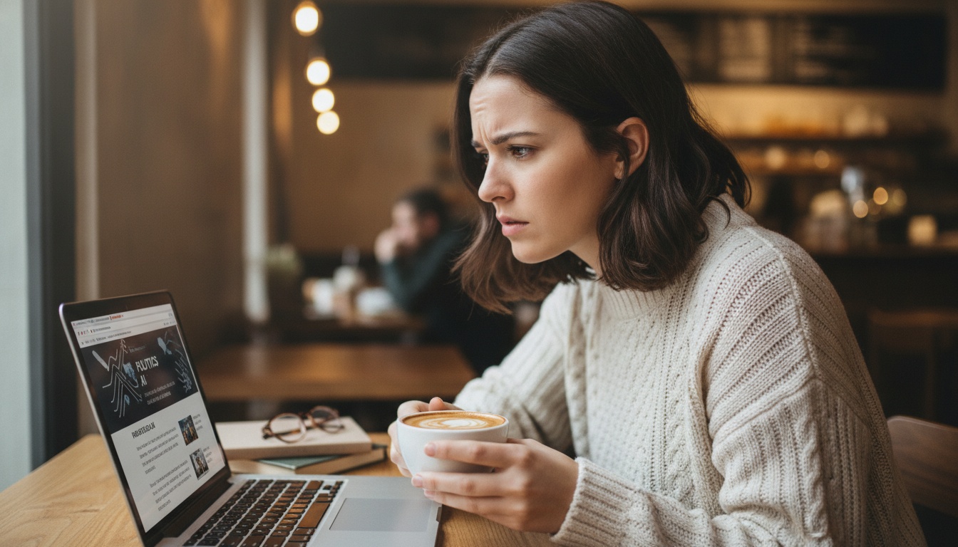 Zoe reading news about OpenAI politics on her laptop