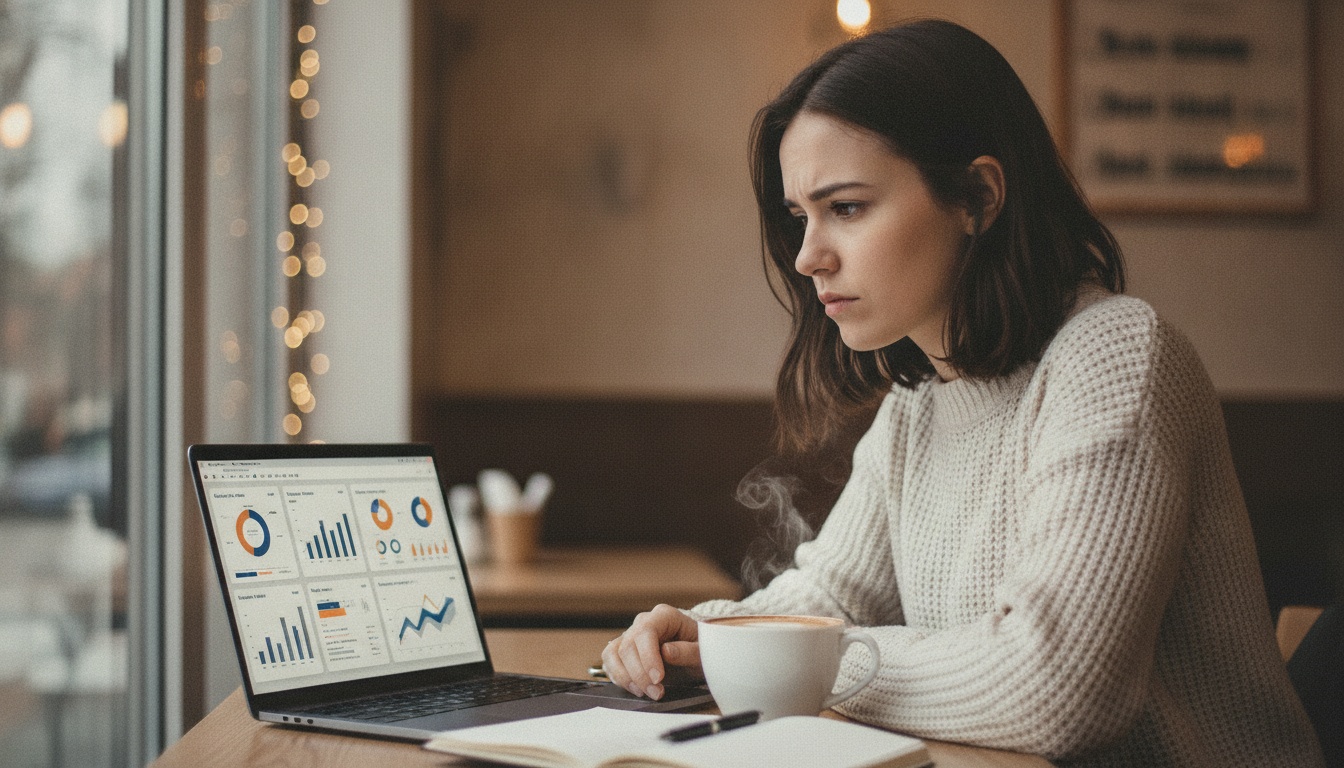 Solo builder at laptop with data dashboards showing AI industry shifts