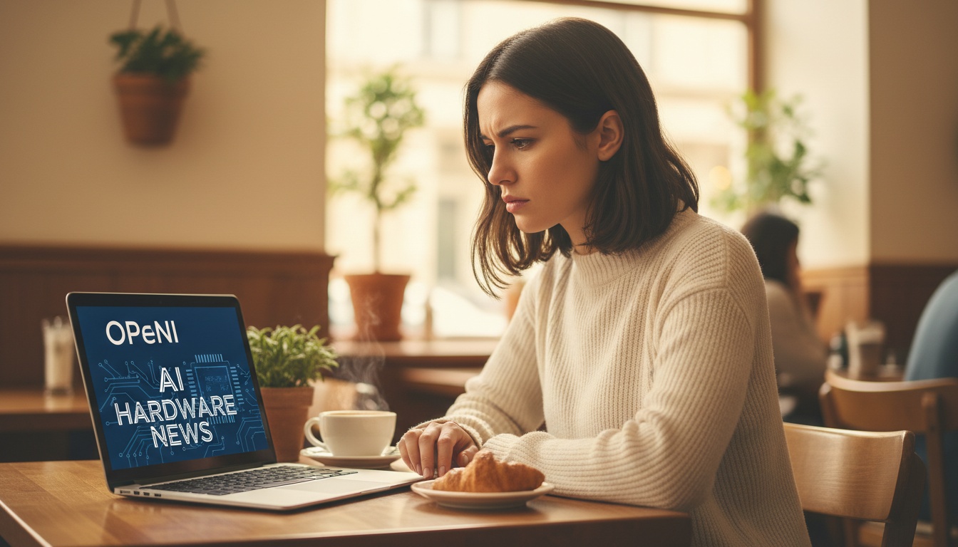 Zoe looking at OpenAI hardware news on her laptop