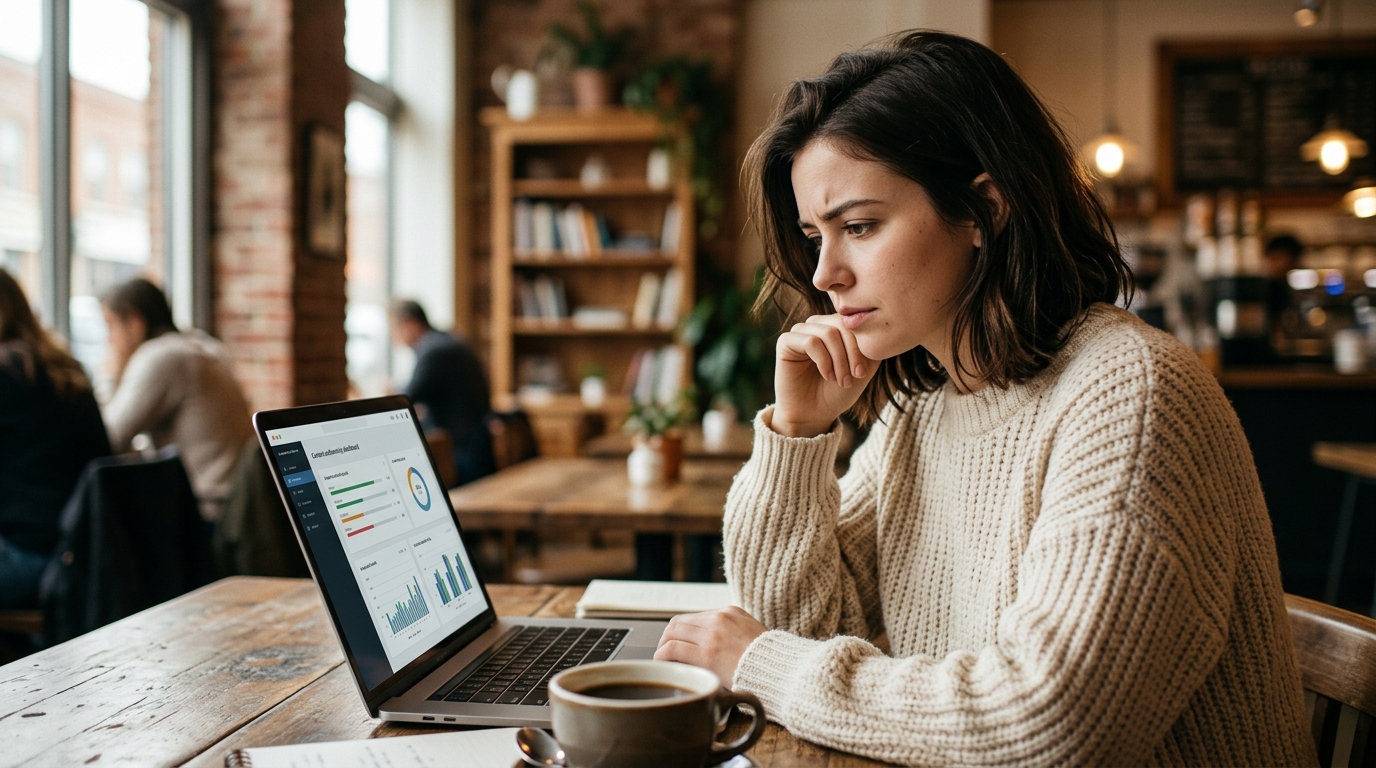 Zoe looking at a laptop screen showing AI detection results