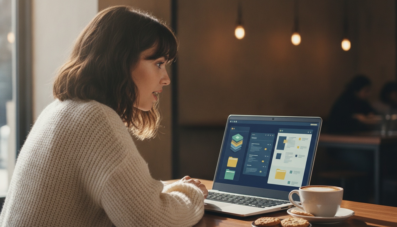 Zoe at her Windows laptop with Perplexity AI agent interface on screen