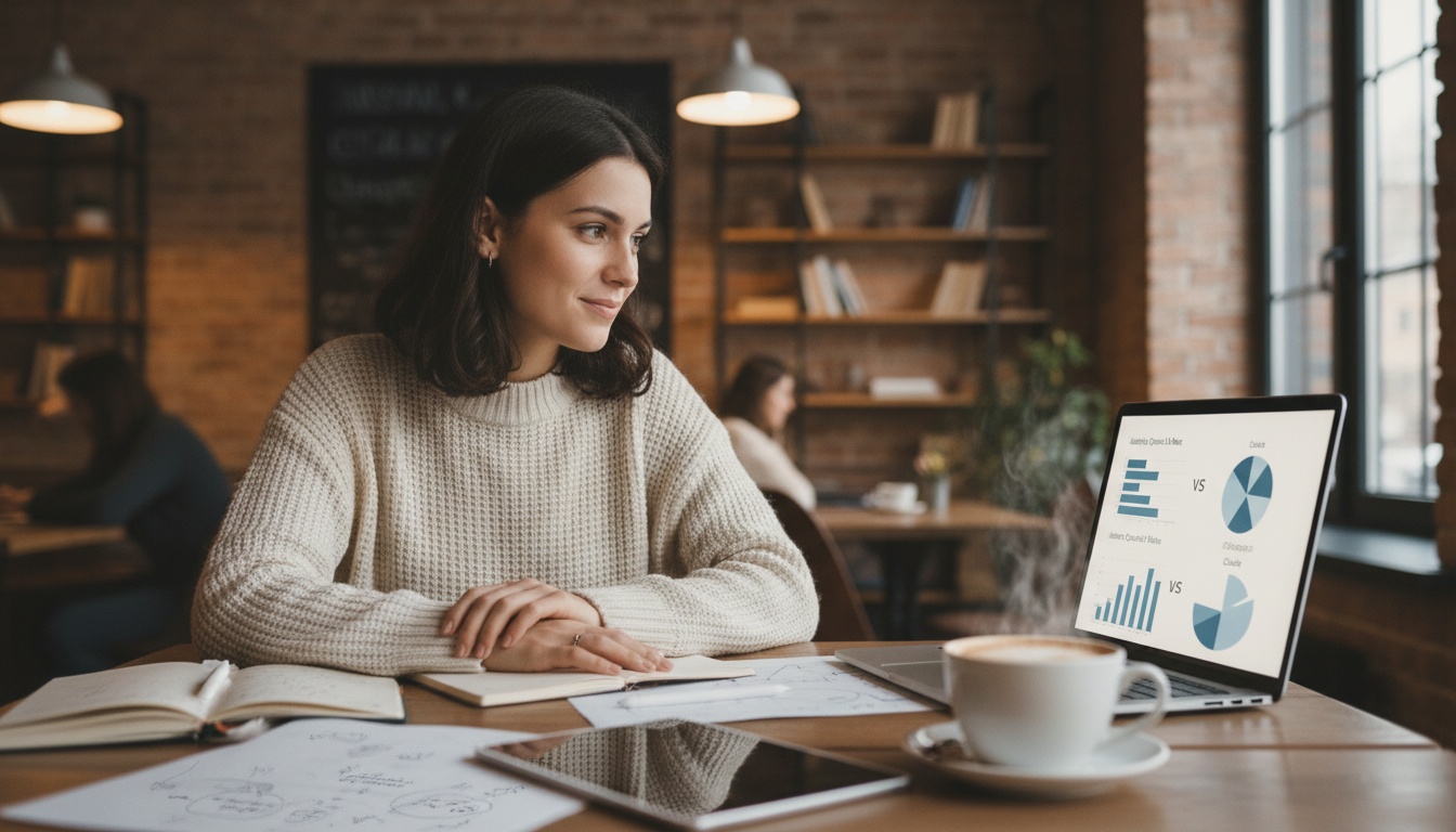 Young woman comparing AI model outputs side by side on a laptop, two chat windows with benchmark charts, focused expression