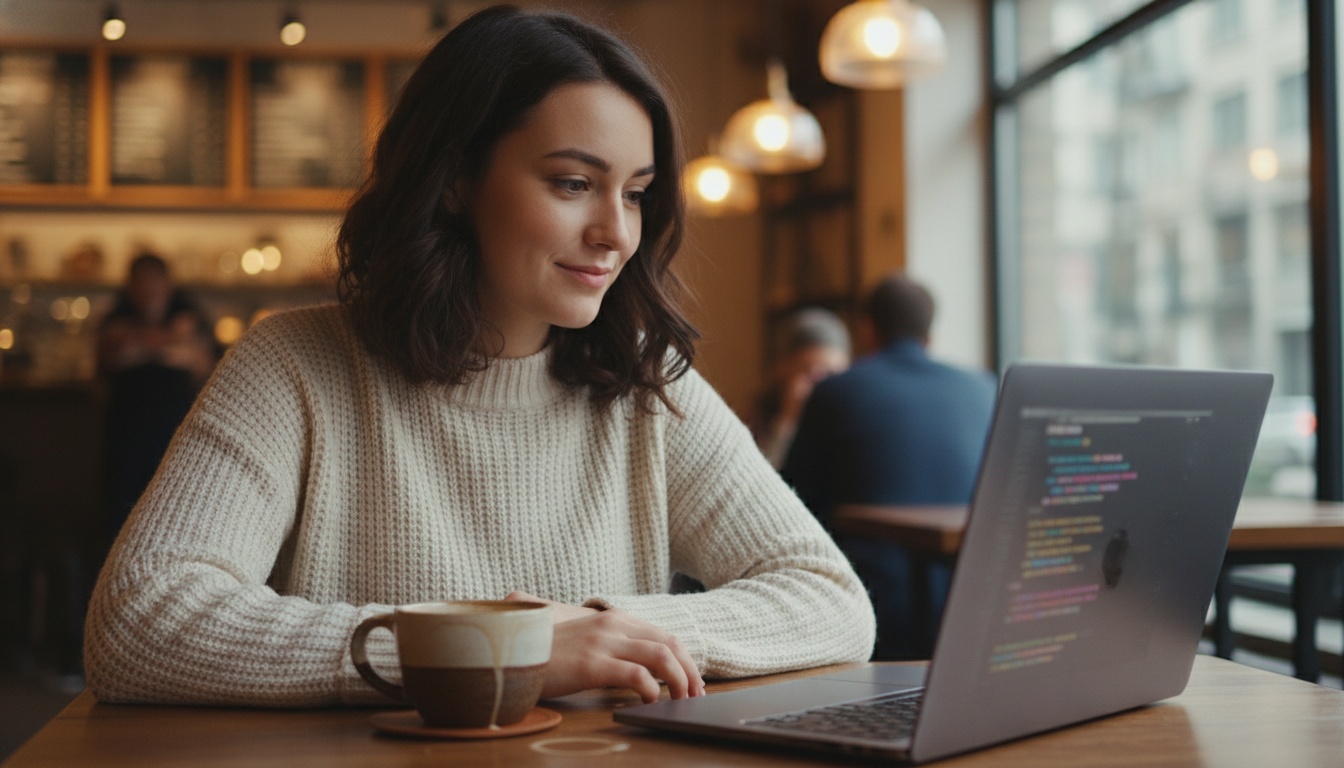 Zoe at laptop with code-based video timeline on screen