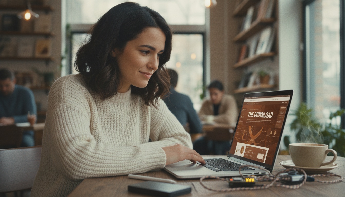 Zoe at a laptop with a warning dialog, coffee cooling, a city water tower visible through the window