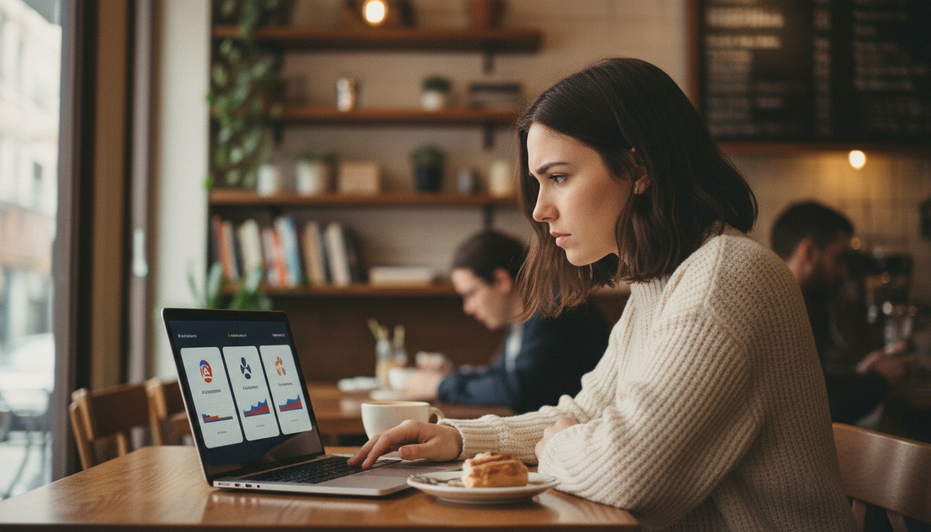 Zoe comparing AI agent platforms on her laptop