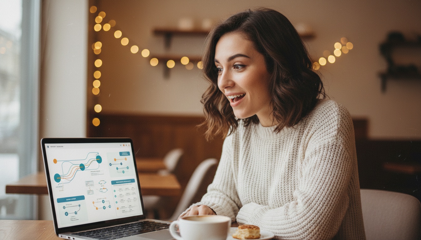 Zoe at laptop with spatial AI visualization and agent workflow on screen