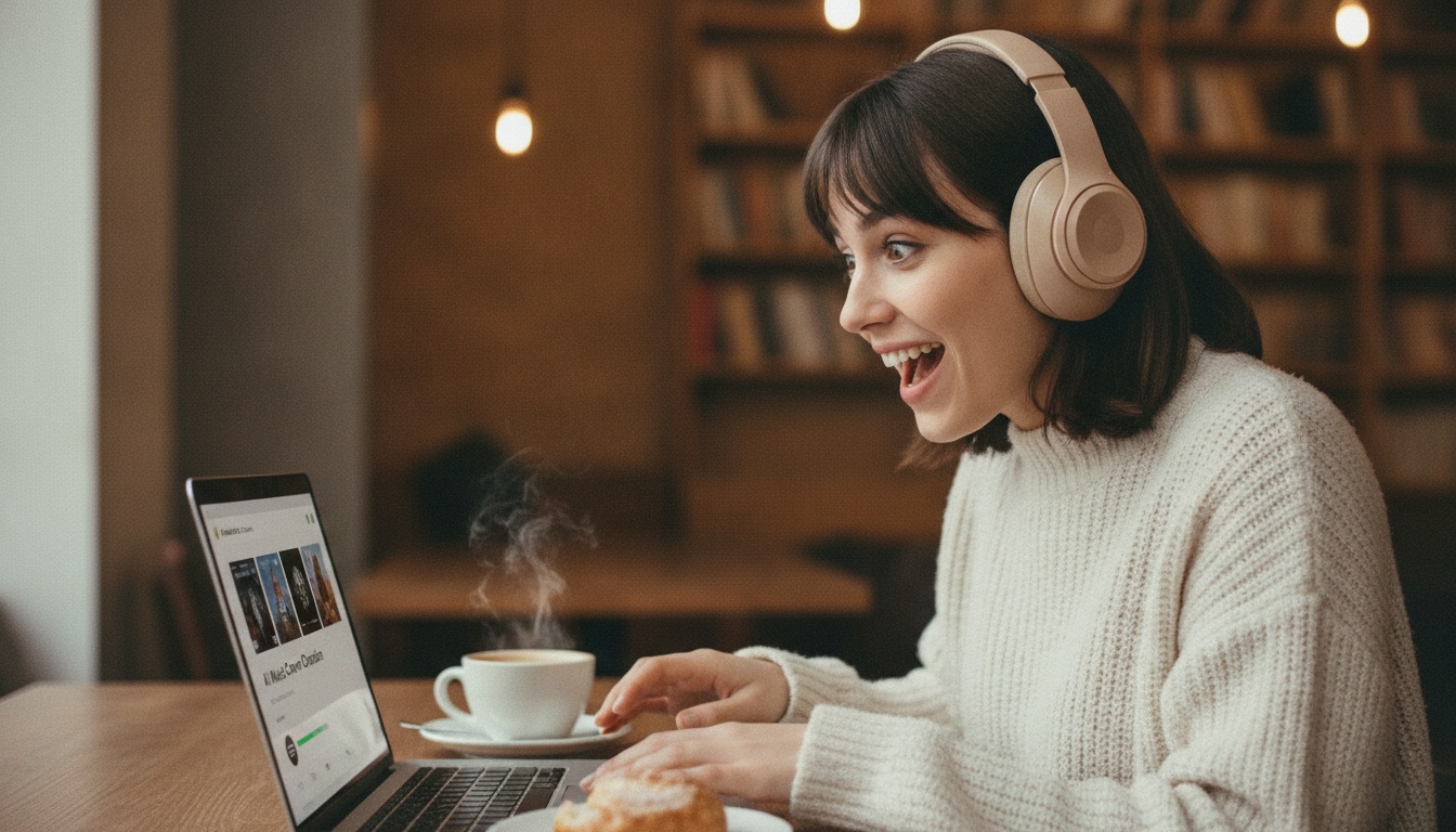 Person at laptop creating an AI music cover with headphones and Spotify interface