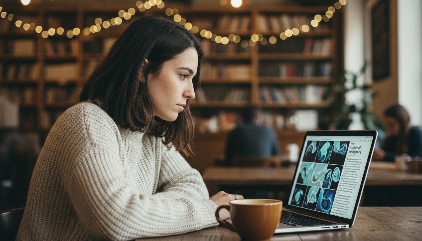 Person at laptop reviewing AI-generated images with funding news on screen
