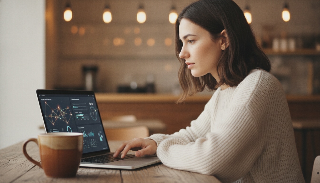 Zoe reviewing agent security dashboard on a laptop — warm editorial lighting