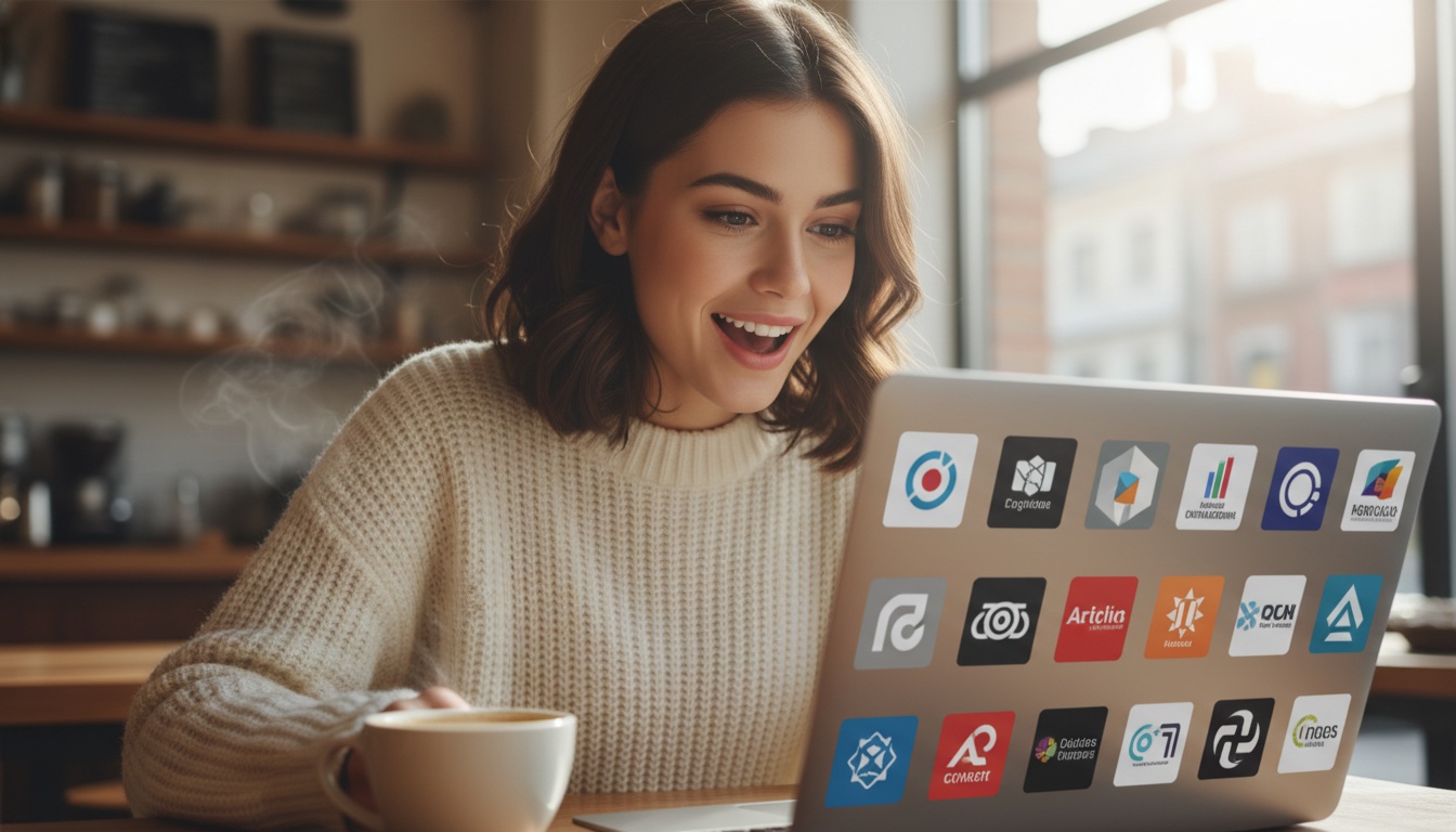 Zoe at laptop surrounded by free AI tool logos on screen