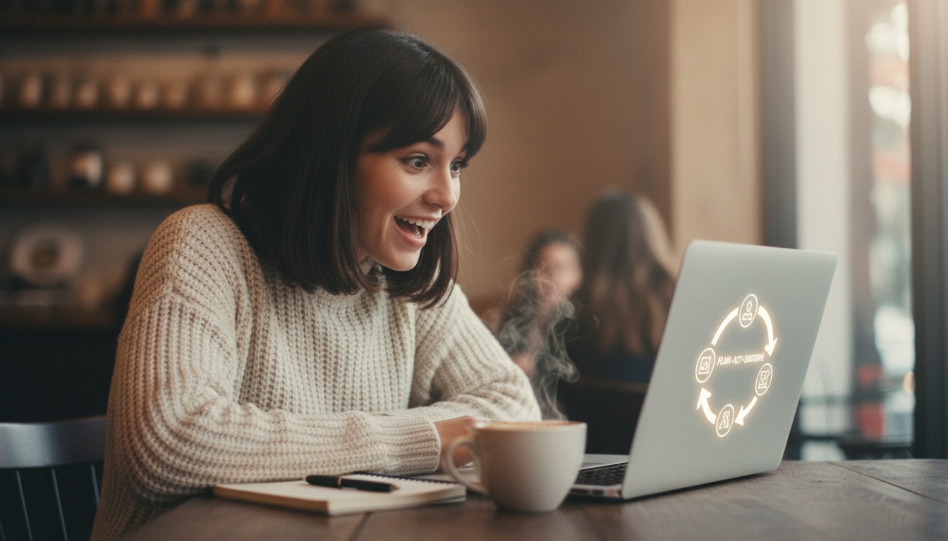 Zoe at laptop with circular workflow diagram on screen