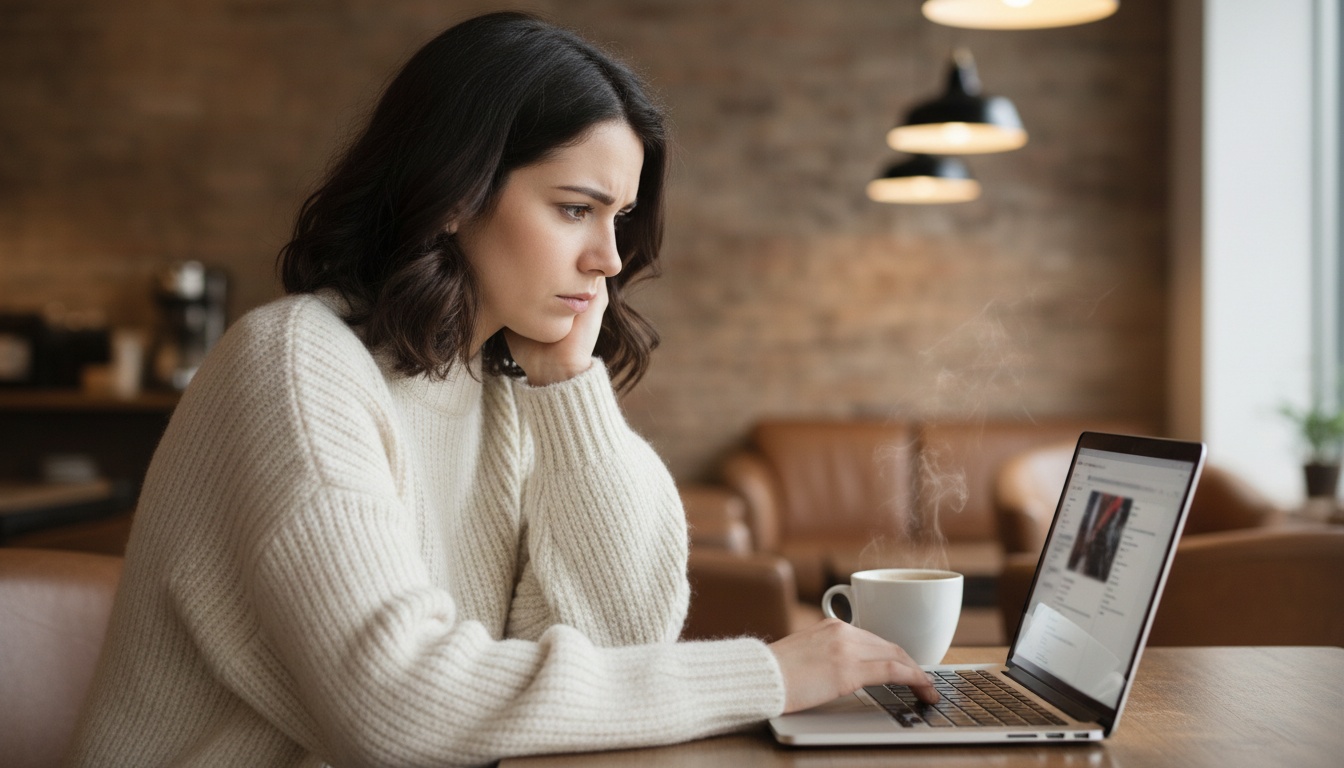Zoe reading news about AI developments on her laptop with coffee