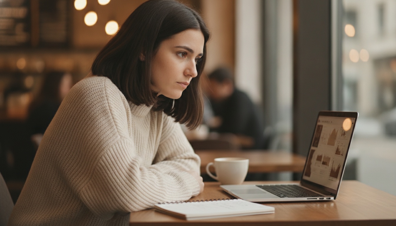 Person at laptop reviewing AI analysis output with skepticism, warm editorial lighting