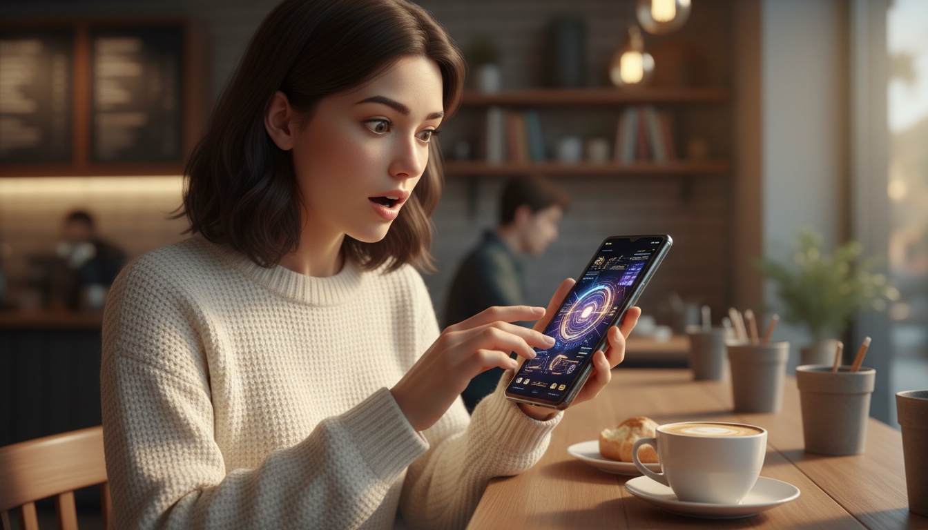 Zoe examining a luxury foldable phone with AI agent interface on screen