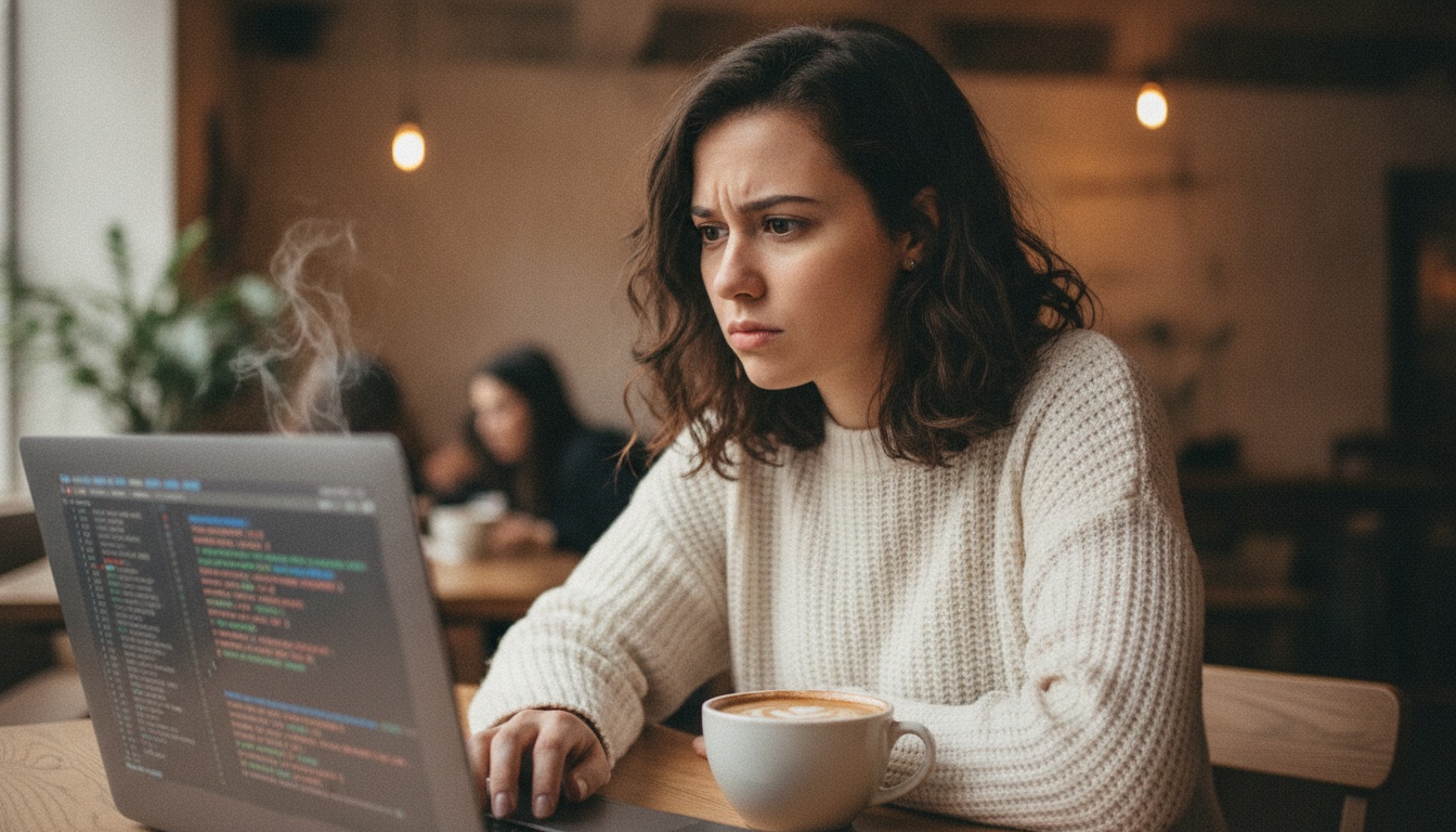 Zoe looking puzzled at code on her screen