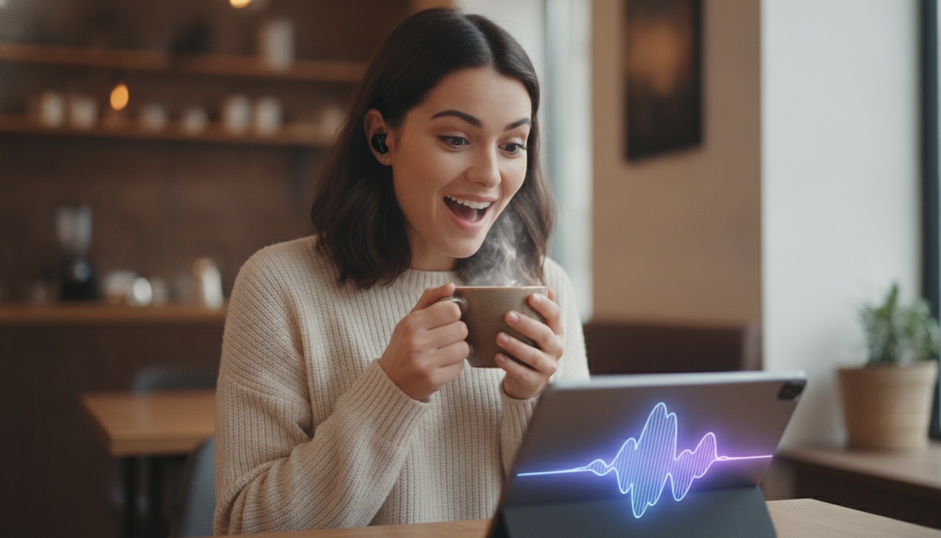 Zoe talking into earbuds with AI voice waveform visualization